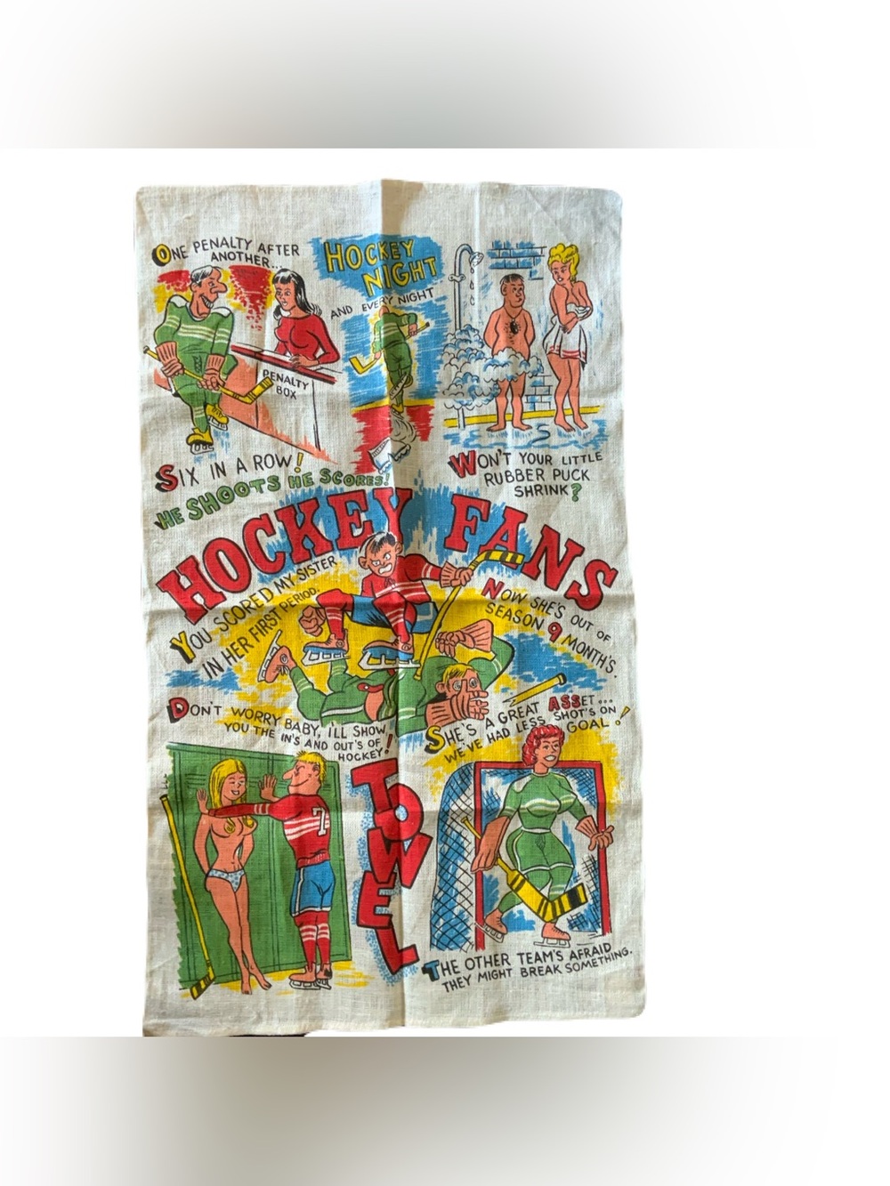 Vintage Hockey Fans Novelty Tea Towel - Colorful Cartoon Print